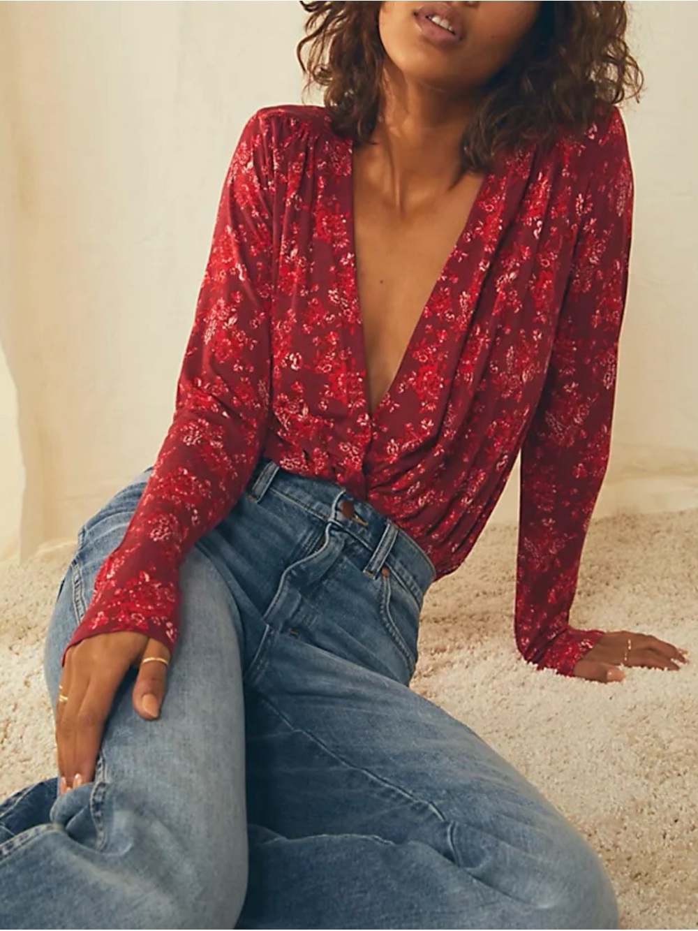 Free People - Turnt Red Floral Print Long Sleeve Deep V Neck Bodysuit Size Small